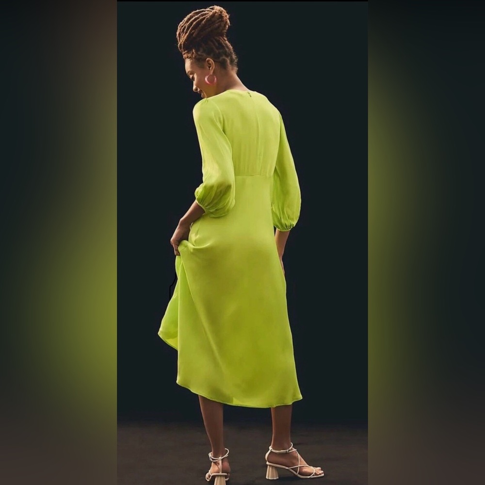 Farm Rio Lime Green Cutout Midi Dress NWT – Balloon Sleeve, Tassel Tie - Picture 3 of 16